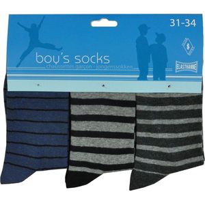 Jongens sokken - katoen 6 paar - stripes15 - maat 23/26 - assortiment grijs/blauw - naadloos