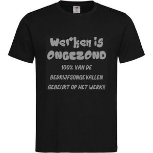 T-shirt Unisex Volwassenen Lol - carnaval - kermis - feestje - grappig - humor - Tekst ""Werken is ongezond 100% van de bedrijfsongevallen gebeurt op het werk!!"" | korte mouw | Zwart/grijs | maat M