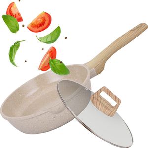 Maison & Kitchen - Wokpan inductie met Deksel (frypan) - 28 Cm - Diepe braadpan voor alle warmtebronnen - PFOA PFAS Vrij - Wokpannen - Beige