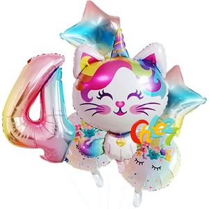 Eenhoorn Ballonnen Set - 4 Jaar - 6 Stuks - Kinder Verjaardag - Thema Feest Unicorn - Eenhoorn Kinderfeestje - Feestversiering / Verjaardag Ballonnen - Kat - Meisjes Versiering - Roze Ballon - Witte ballon - Multi colors - Regenboog - Helium