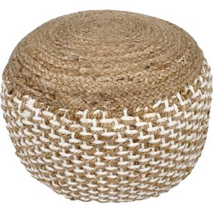 Poef - Jute kruk - Rond Ø50 x 35 cm - Deco kruk jute - Naturel/ Wit - Poef