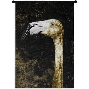 Wandkleed FlamingoKerst illustraties - Portret van een gouden flamingo op een zwarte achtergrond met gouden vlekken Wandkleed katoen 90x135 cm - Wandtapijt met foto