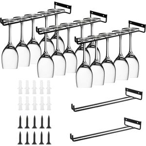 Hangende wijnglashouders van metaal - set van 5 - zwart - voor keukenkast of bar