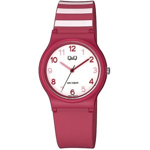 Q&Q V06A-005VY - Horloge - Sport - Analoog - Dames - Vrouwen - Plastic band - Rond - Kunststof - Cijfers - Rood - Strepen - Wit - 10 ATM