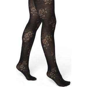 Bonnie Doon Panty 30 Denier met Transparant Bloemen Motief Zwart maat L/XL 40/44 - Rozen Patroon - Bredere boord minder aftekening - Chique - Casual panty - Dames Panty Zwart - 30 Denier - Draagbaar - feestelijk -Bloemen Print - Black - BP201904.101