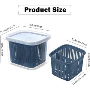Voedselopslagcontainer met zeefinzet (13 x 12 x 9 cm), BPA-vrije koelkastopbergdoos, verstelbare 2-vaks keukenorganizer voor het bewaren van fruit, groenten, salade (pakket van 2)