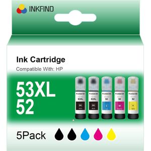 INKFIND GT53XL GT52 inkt gezicht voor HP GT53XL HPGT53XL HP GT52 HPGT52 inkt tank multipack 5 stuks (2 x Zwart, 1 x cyaan, magenta, geel) voor HP Ink Tank 115 310 315 318 319 Ink Tank Wireless 410 415 416 418 419 DeskJet GT 5810 5820 5812 5822