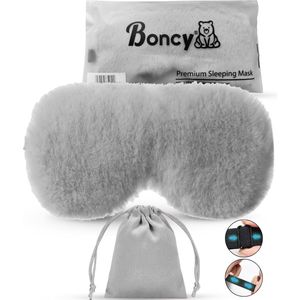 Boncy® Verstelbaar Zijde Slaapmasker met Opbergzakje - Grijs Fluffy Oogmasker - Slaapmaskers Vrouwen en Mannen Zijde