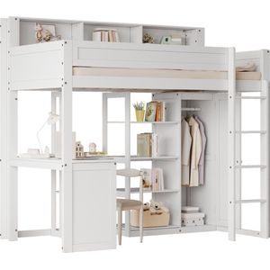 Merax Stapelbed met Tafel en Kledingkast - Kinderbed - met Beschermhek en Regalen - Houten Lattenbodem - Wit - 90x200cm