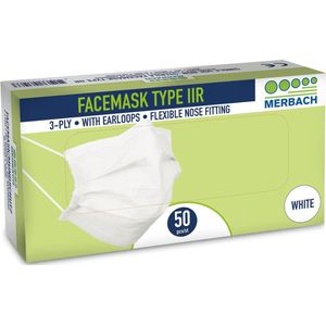 20 doosjes van 50 stuks Merbach mondmasker wit 3-lgs IIR oorlus voordeelverpakking
