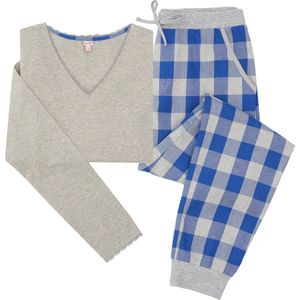 La-V pyjamaset voor dames met flanel joggingbroek en top met kant grijs/blauw XL