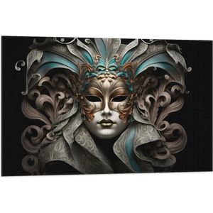 Vlag - Wit Venetiaanse carnavals Masker met Blauwe en Gouden Details tegen Zwarte Achtergrond - 90x60 cm Foto op Polyester Vlag