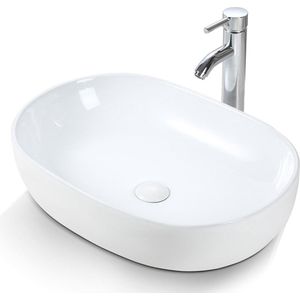 Ovale witte wastafel op keramische plaat - opzetwastafel voor badkamer en gastentoilet - lotuseffect - moderne stijl - 590 × 410 × 145 mm - zonder kraangat Wastafel