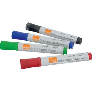 Nobo Glasbord Markers - 4 Whiteboard Stiften - Zwart, Rood, Blauw en Groen
