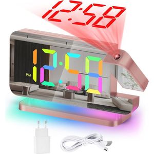 Digitale wekker met projectie en RGB-display - 7,4 inch led spiegelklok met nachtlampje en USB-oplaadport