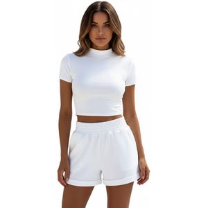 Sexy 2-delige casual set - Shirt en broekje - Lounge - Korte mouw - Hoge Taille - Voor haar - Goede kwaliteit polyester