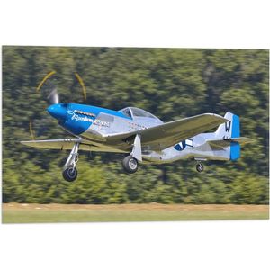 WallClassics - Vlag - Blauw met Grijze Vliegtuig - 60x40 cm Foto op Polyester Vlag