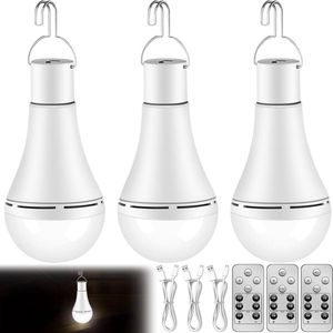 Set van 3 USB-oplaadbare led-gloeilampen met 12 W batterij, haak en afstandsbediening - 3 batterijmodi campinglamp/noodverlichting