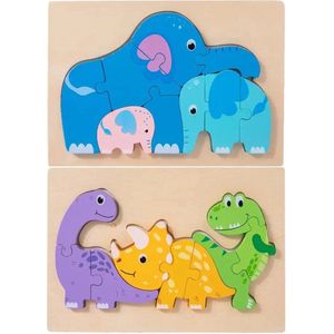 Houten dieren puzzels - Dino's en olifanten - 9 stukjes - Vanaf 2 jaar - Kinderpuzzel - Educatief montessori speelgoed - Grapat en Grimms style