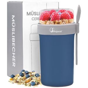 Cereal Beker om mee te nemen 760 ml + 230 ml, Yoghurt Beker om mee te nemen met Dressing Container, Cereal Beker om mee te nemen met Lepel en Deksel, Lekvrije Fruit Container, Praktische Cereal Beker voor Picknick, Blauw.