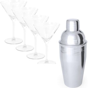 4x Cocktailglazen / martiniglazen 260 ml van glas + Cocktailshaker semi-matte 550 ml RVS - 8,5 x 21 cm - Mix/shake bekers