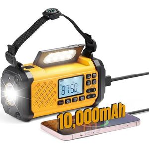 Noodradio - Solar Opwindbaar - Solar powerbank - 10000mAh - Zonneenergie - Survival Noodpakket - Zaklamp Oplaadbaar - AM/FM - Noodrantsoen - Geel