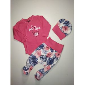Nini - Outfit Mila - 3-delig setje - Rompertje, Omslagromper, Overslagromper, Broekje met voetjes, mutsje - Maat 62 - 2 t/m 4 maanden