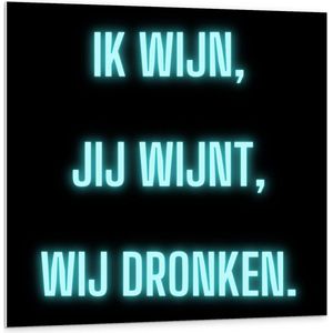 Forex - Tekst: ''Ik Wijn, Jij Wijnt, WIj dronken'' Neon Letters Blauw/Zwart - 100x100cm Foto op Forex