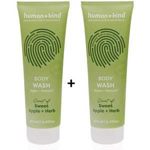 Human&Kind Sweet Apple+Herb Body Wash - Voordeelverpakking 2 tubes - Geurige verfrissende Vegan Bodywash - Zachte Hydraterende Stralende en Verzorgde Huid - Een energiek en verfrissend gevoel - Duurzame natuurlijke tube gemaakt van suikerriet (250ml)