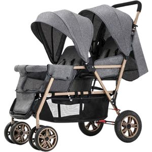 Rustive Tweeling Buggy - Duo Kinderwagen - Geschikt Voor Kinderen Van 0 t/m 3 Jaar - Opvouwbaar - Grijs / Goud - 72x42x97cm