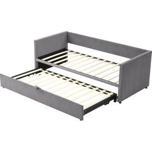 Merax 90/180 x 200 cm Uitklapbaar Slaapsofa - Multifunctioneel Gestoffeerd Bed met Lattenbodem - Grijs