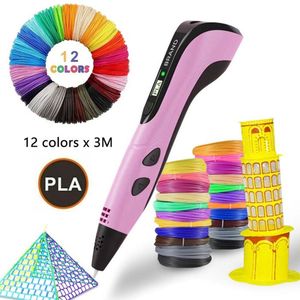 3D-pen voor kinderen met LCD-scherm, 12 kleuren x 3Mfilament, DIY educatieve 3D-graffiti-schildering - roze