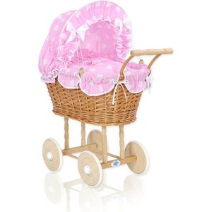 Rieten poppenwagen met roze beddengoed en vulling - naturel