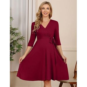 Dames zwangerschapsjurk, zwangerschapsjurk voor zwangere vrouwen, voedingsjurk, V-hals, lange mouw met tailleriem Wijn rood XXL