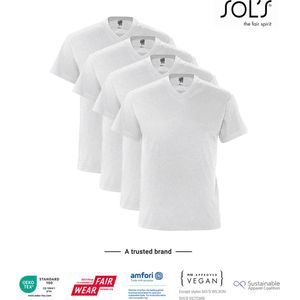 4 Pack SOLS V-hals, Heren T-Shirt 100% katoen V-hals, Licht Grijs gemeleerd Maat S