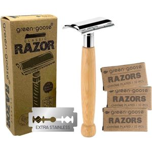 Safety Razor incl. 30 Scheermesjes – Razor Blade – Double Edge Duurzaam Scheermes – Single Blade - Zero Waste – Voor mannen en vrouwen – Bamboo Chrome