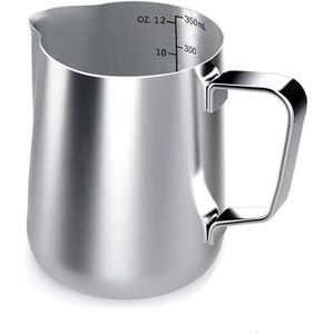 Melkkannetje, melk pitcher 350ml / 12 fl.oz. melkkan van roestvrij staal, melkschuimkannetje melk opschuimen voor cappuccino en latte stijl, zilver