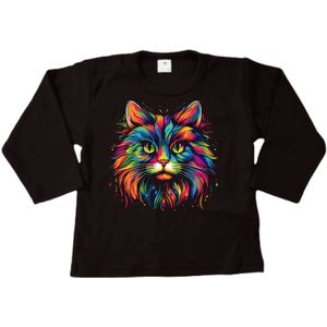 Shirt kind - Shirt met print kat - Zwart - Stoer zacht shirt met lange mouwen - Maat 74
