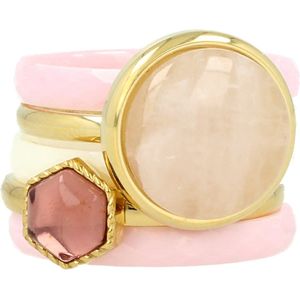 My Bendel - Gouden ringenset met Rose Quartz edelsteen - Goudkleurige ringen set van 5 ringen van edelstaal, keramiek, glassteen en Rose Quartz edelsteen - Met luxe cadeauverpakking
