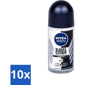 10 x Nivea - Men - Deodorant - Invisible for Black & White Power - Rollerdeodorant - 50 ml - Deodorant Roller - Anti-vlekken - Anti-transpirant - Witte Strepen - Gele Vlekken