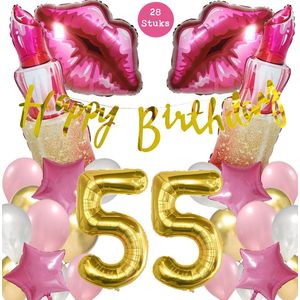 Snoes Mega Beauty Helium Ballonnen Set 55 Jaar - Roze Helium Folieballonnen - Slinger Happy Birthday Goud