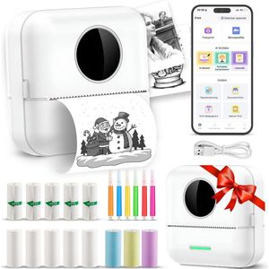 Ilona Mini printer voor mobiel - Pocket printer - Premium Mini Fotoprinter - Draagbare Smartphone Printer - Mobiele fotoprinter - Sticker printer - Incl. 5 Rollen Zelfklevend Papier + 5 Rol Wit Papier + 3 Rollen Gekleurd Papier + 5 Pennen