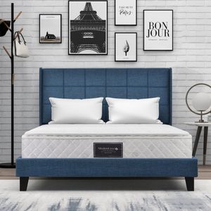 KOMHTOM Tweepersoonsbed 140x200cm Bed volwassenen Modern bed met gestoffeerd hoofdeinde Blauw met matras