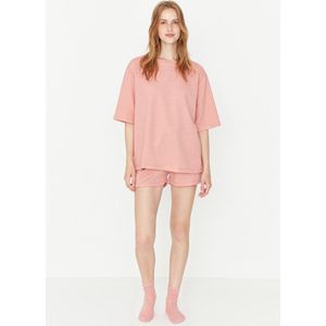 Trendyol Vrouwen Standaard mouw Ronde hals Set van gedroogde roze T-shirt-shorts en gebreide pyjama's met extra wijde pasvorm THMSS21PT0164