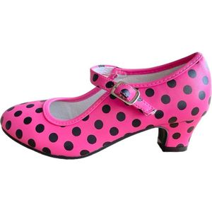 Spaanse Prinsessen schoenen fel roze zwart maat 29- binnenmaat 19 cm - bij verkleedkleren stippen meisje