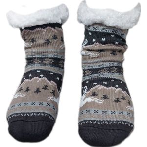 Huissokken - Kerstsokken - Wintersokken - Warme wintersokken - Thermo - Gevoerd - Unisex - Kleur Bruin/Beige met Wintermotief - Maat 35 T/M 38 - Antislip - Cadeau - Kerst