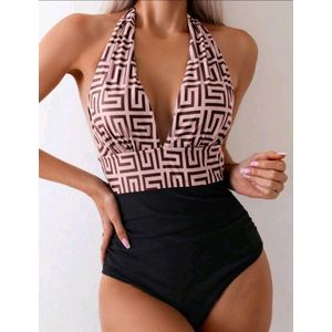 Stijlvol Sexy Halter Badpak met Geometrisch Patroon – Dames Zwempak – Diepe V-hals – Zwart/Beige maat L