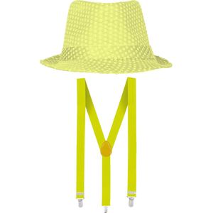 Toppers in concert - Carnaval verkleed set - hoedje en bretels - fluor geel - dames/heren