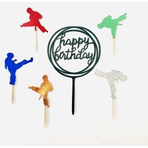 Judo Karate kid Happy birthday - taart topper - taart decoratie - verjaardag versiering - prikkers met versiering - taartversiering