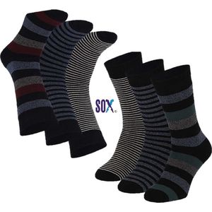 SOX Thermische Full Terry 6 PACK Heren sokken 37/42 Fantasie streep assorti Marine mix en Zwart mix Sterk en Naadloos